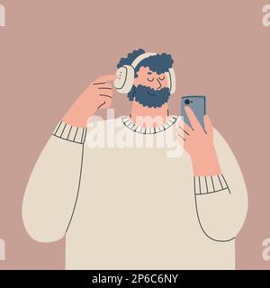 Süßer junger Mann mit Over-Ear-Kopfhörern auf dem Kopf und einem Smartphone in der Hand. Ein bärtiger Kerl. Der Charakter hört Musik, ein Hörbuch oder ein Stock Vektor