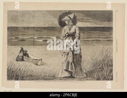 Nach Winslow Homer, On the Beach – Two are Company, Three are None, 17. August 1872, Holzgravierung auf Zeitungsdruckpapier. Stockfoto