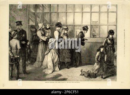 Arthur Lumley, amerikanische Skizzen: Das Frauenfenster bei der New Yorker Post, 1875, Holzgravierung auf Papier. Stockfoto