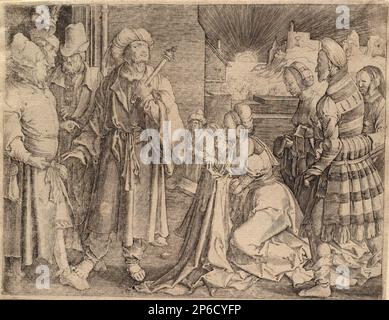 Nach Lucas van Leyden, Potiphars Frau, die Joseph beschuldigt, Gravur auf liegendem Papier. Stockfoto