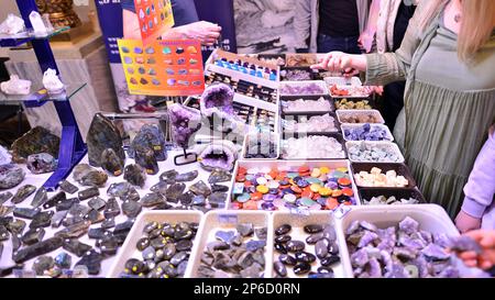 Warschau, Polen. 5. März 2023 Warschauer Mineralausstellung 2023. Farbige Steine unterschiedlicher Größe liegen auf einem Regal. Ausstellung von Halbedelsteinen. Stockfoto