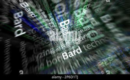 Posen, Polen, 5. März 2023: Schlagzeilen von Bard in internationalen Medien mit OpenAI, Chat gpt ai bot. Abstraktes Konzept von Nachrichtentiteln über Lärm-di Stockfoto