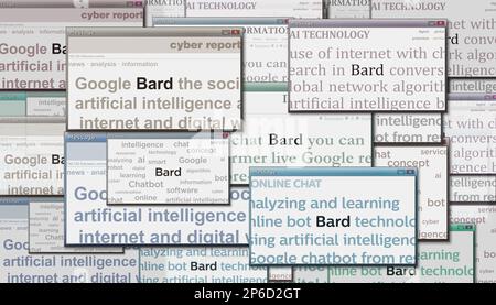 Posen, Polen, 5. März 2023: Schlagzeilen von Bard in internationalen Medien mit OpenAI, Chat gpt ai bot. Abstraktes Konzept von Nachrichtentiteln über Lärm-di Stockfoto