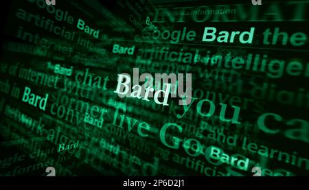 Posen, Polen, 5. März 2023: Schlagzeilen von Bard in internationalen Medien mit OpenAI, Chat gpt ai bot. Abstraktes Konzept von Nachrichtentiteln über Lärm-di Stockfoto