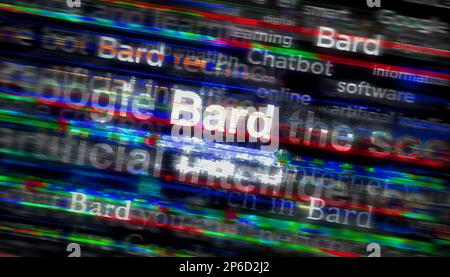 Posen, Polen, 5. März 2023: Schlagzeilen von Bard in internationalen Medien mit OpenAI, Chat gpt ai bot. Abstraktes Konzept von Nachrichtentiteln über Lärm-di Stockfoto