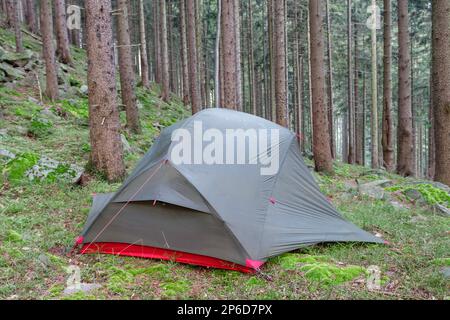 Leichtes freistehendes Dreijahreszelt für 2 Personen, innerer Zeltkörper mit Niederschlag, auf Wald am Abend im Fichtenwald in den Beskid Mountains Stockfoto