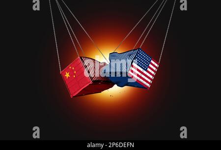 China USA Konflikt- und Handelskrieg mit amerikanischen und chinesischen Frachtcontainern als wirtschaftliches und geopolitisches Streitkonzept Stockfoto