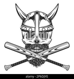 Wikingerschädel in Hörnenhelm mit Bart und Schnurrbart mit einer Vorlage für Baseball Fledermaus-Club-Emblem, isoliert im klassischen monochromen Stil Stock Vektor