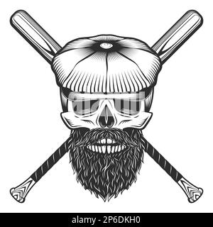 Schädel mit flacher Mütze, Bart und Schnurrbart mit einer Vorlage für die Designelemente des Baseballschläger-Clubs in einem isolierten Vektor im klassischen monochromen Stil Stock Vektor
