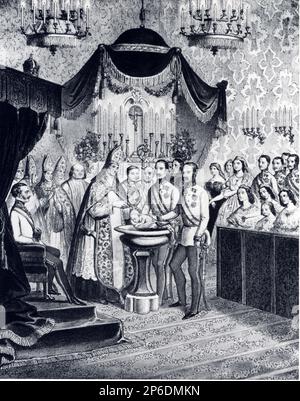 1858 . August 23 , Wien , Österreich : die katholische Taufe des österreichischen kronprinz RUDOLF von ABSBURG ( Laxenburg 21 . august 1850 - Selbstmord in Mayerling 30 . januar 1889 ) im Schloss Laxenburg . Rudolf war der Sohn von Kaiser Franz Josef ( 1830 - 1916 ) , Kaiser von Österreich , König von Ungarn und Böhmen und Kaiserin Elisabeth von Bayer ( SISSI , 1937 - 1898 ). Porträt des Malers TADEUSZ AJDUKIEWICZ ( 1889 ) , Privatsammlung - FRANCESCO GIUSEPPE - JOSEPH - ABSBURG - ASBURG - ASBURGO - ADELSWESEN - NOBILI - NOBILTA' - REALI - HABSBURG - HASBURG - ROYAL - divisa militare - Militär Stockfoto