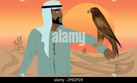 Ein Araber hält einen Adler auf seinem Arm vor einem wunderschönen Sonnenuntergang in der Wüste Stock Vektor