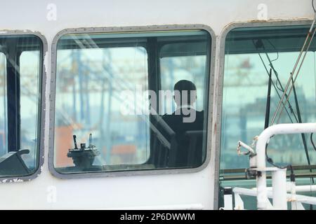 Der Kapitän der Stena Superfast VII führt das Schiff in Belfast an den Kai Stockfoto