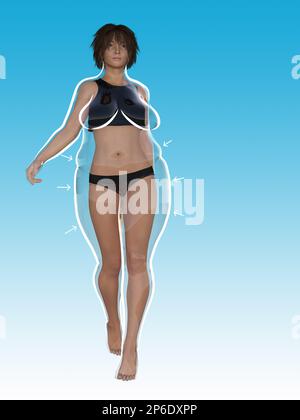 Konzeptionelle Fettübergewicht übergewichtig Weibliche vs. Schlanke Passform gesunder Körper nach Gewichtsverlust oder Diät mit weißem Umriss und Pfeile auf blau. Eine Fitness Stockfoto