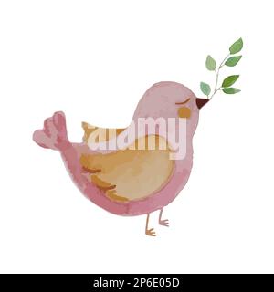 Aquarell pinkfarbener süßer Vogel mit grünem Zweig. Vektordarstellung Stock Vektor