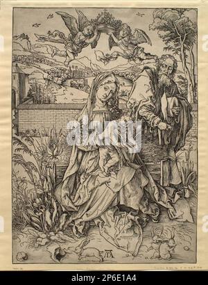 Albrecht Dürer, die Heilige Familie mit den drei Hasen, c. 1497, Holzschnitt auf Papier. Stockfoto