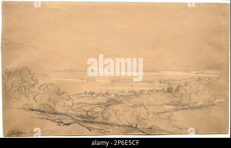 John Frederick Kensett, Lake George, 1855, Bleistift mit weißer Vergrößerung auf braunem gewebtem Papier. Stockfoto