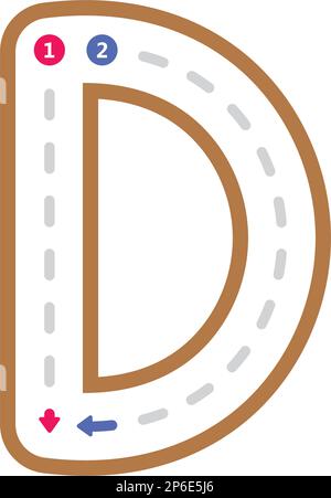 Nachzeichnen des Buchstabens D Vorschreiben in Großbuchstaben gestricheltes Element für Kinder im Kindergarten und Vorschulkinder Arbeitsblatt für Handschriftübungen Stock Vektor