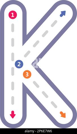 Nachzeichnen des Buchstabens K Vorschreiben in Großbuchstaben gepunktetes Linienelement für Kindergarten- und Vorschulkinder-Arbeitsblatt für Handschriftenübungen Stock Vektor