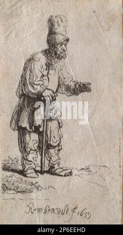 Rembrandt van Rijn, Bauer mit hoher Mütze, stehend, auf einem Stock lehnen, 1639, Ätzen auf Papier. Stockfoto