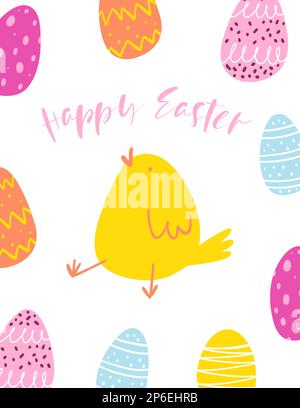 Grafische Grußkarte zu Ostern. Handgezeichnete bunte Eier und lustiges, niedliches Huhn in modernem minimalistischem Stil. Stock Vektor