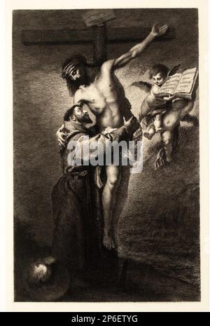 Nach Bartolomé Estebán Murillo, Christus am Kreuz mit dem Heiligen Franziskus von Assisi, 19. Jahrhundert, auf Papier geätzt. Stockfoto