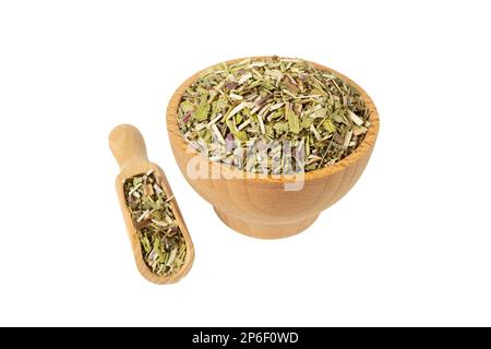 Katzenkraut auf latein - Nepeta cataria in Holzschüssel und Schaufel isoliert auf weißem Hintergrund. Heilkraut. Stockfoto