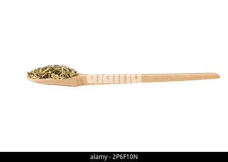 Katzenminenkraut auf lateinisch - Nepeta cataria auf Holzlöffel isoliert auf weißem Hintergrund. Heilkraut. Stockfoto