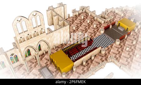 Westminster Abbey, 3D. Abschnitt, Kirchenkarte und Hauptpunkte. Krönung des neuen Königs. Nach London. England. Architektur und Innenausstattung Stockfoto