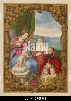 Unbekannt, Ducale zeigt einen Mann, seine Frau und zwei Töchter, c. 1570, Tempera auf Velinpapier. Stockfoto