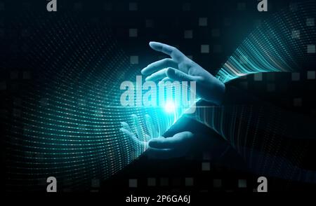 Ein Datenarray im Binärsystem fließt durch weibliche Hände, das Konzept der Erfassung und Organisation von Informationen, Kontrolle und Geschäftsanalysen Stockfoto