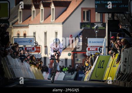 Die dritte Etappe der 81. Ausgabe des Achttägigen Radrennen Paris-Nizza, ein 32,2-km-Team-Zeitlauf mit Start und Ende in Dampierre-en-Burly, Frankreich, Dienstag, den 07. März 2023. BELGA FOTO DAVID PINTENS Stockfoto