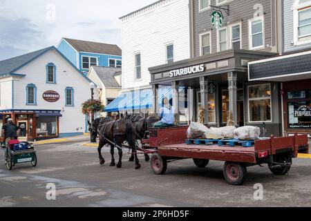 Mackinac Island, Michigan. Auf der Insel sind nur Pferde und Fahrräder erlaubt. Pferdewagen, die Waren an lokale Unternehmen liefern. Stockfoto