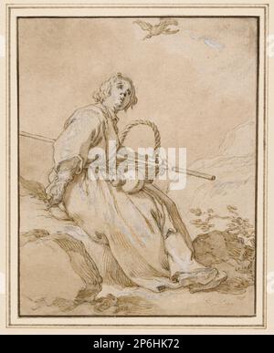 Abraham Bloemaert, der Prophet Elijah in der Wüste, Fed von einem Raben, 1620er, Stift und braune Tinte und Wasch, über schwarzer Kreide, erhöht mit weißem Gouache auf Papier. Stockfoto
