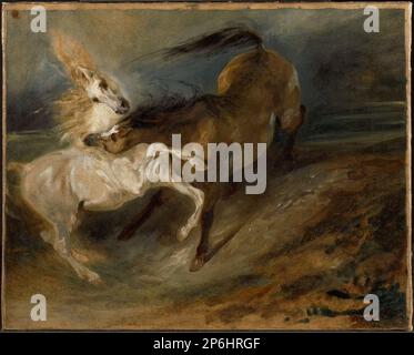 Ferdinand-Victor-Eugène Delacroix, zwei Pferde kämpfen in einer stürmischen Landschaft, c. 1828, Öl auf Leinwand. Stockfoto