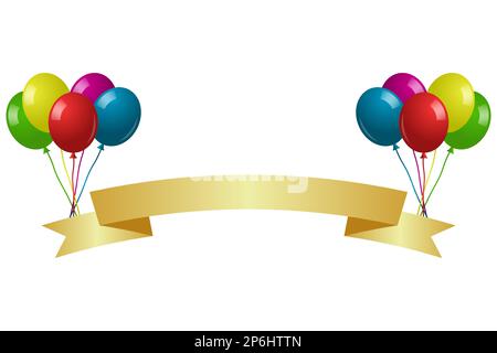 Herzlichen Glückwunsch zum Geburtstag mit bunten Ballons. Festliches goldenes Band auf aufblasbaren, leuchtenden Luftbällen. Stock Vektor