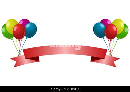 Herzlichen Glückwunsch zum Geburtstag mit bunten Ballons. Festliches rotes Band auf aufblasbaren, leuchtenden Luftbällen. Stock Vektor