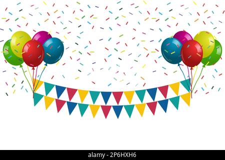 Herzlichen Glückwunsch zum Geburtstag mit bunten Ballons, bunten Wimpeln und Konfetti. Festliche Flaggen und Konfetti. Karnevalsparty Stock Vektor
