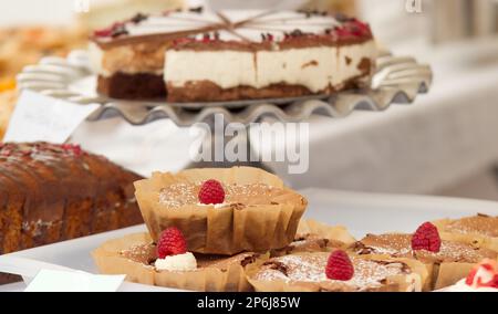 Brownies mit Sahne und Himbeeren am Bäckereistand im Prager Bauernmarkt Stockfoto