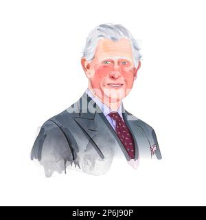 London, Vereinigtes Königreich - 01. März 2023: Charles III King of the United Kingdom Watercolor Vector Portrait. Prinz von Wales trägt graues Kostüm. Stock Vektor