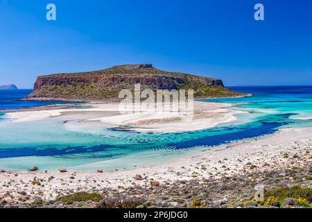 Strand von Balos, Halbinsel Gramvoussa, Präfektur Hania, Crete. Griechenland. Stockfoto