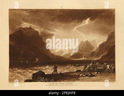 Joseph Mallord William Turner, Thunersee, 10. Juni 1808, Ätzen und Mezzotint, gedruckt in brauner Tinte. Stockfoto