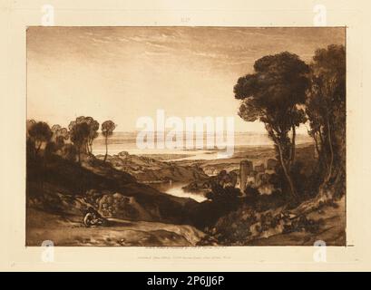 Joseph Mallord William Turner, Kreuzung von Severn und Wye, Juni 1811, Ätzen und Mezzotint, gedruckt in brauner Tinte. Stockfoto