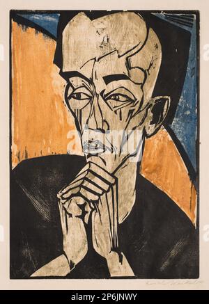 Erich Heckel, Portrait of a man, 1918, Color Woodcut, über Zincograph, in Grün, Blau, Ocker und Schwarz auf Papier. Stockfoto