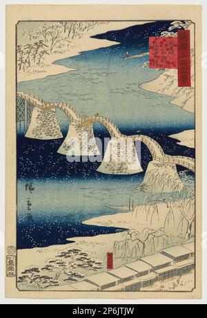 Utagawa Hiroshige II., Kintai-Brücke bei Iwakuni in der Provinz Suō, 1859, Holzblockdruck in Farbe. Stockfoto