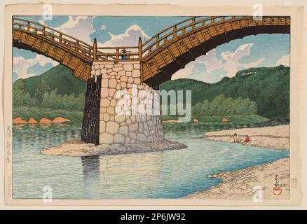 Kawase Hasui, die Kintai-Brücke in der Provinz Suō, 1924, Holzblockdruck in Farbe. Stockfoto