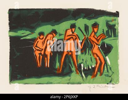 Ernst Ludwig Kirchner, Bathers throwing Reeds (mit Schilf Werfende Badende), 1909, farbiger Holzschnitt auf Papier, gedruckt in drei Blöcken in Schwarz, Rot und Grün. Stockfoto