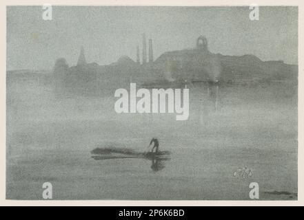 James McNeill Whistler, Nocturne: The River at Battersea, 1878, veröffentlicht 1878-79 oder 1887, Lithotint, auf einem vorbereiteten, halbfarbigen Boden, schwarz mit Kratzern, auf blauem Kinnkautschuk, auf Papier montiert. Stockfoto