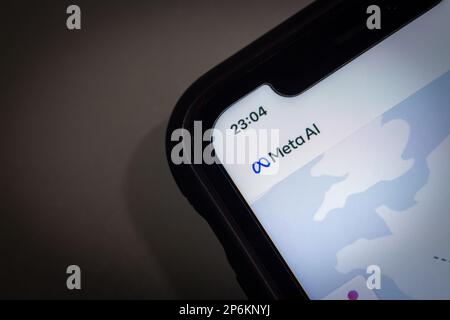 Nahaufnahme-Logo von Meta-KI auf der Website auf einem iPhone. Meta AI ist ein Labor für künstliche Intelligenz, das der Meta Platforms Inc. Gehört Stockfoto