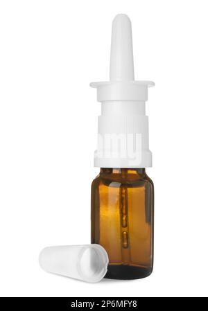 Flasche Nasenspray isoliert auf weiß Stockfoto