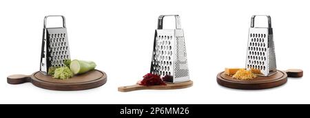 Set mit Edelstahlrosten und frischen Produkten auf weißem Hintergrund. Bannerdesign Stockfoto